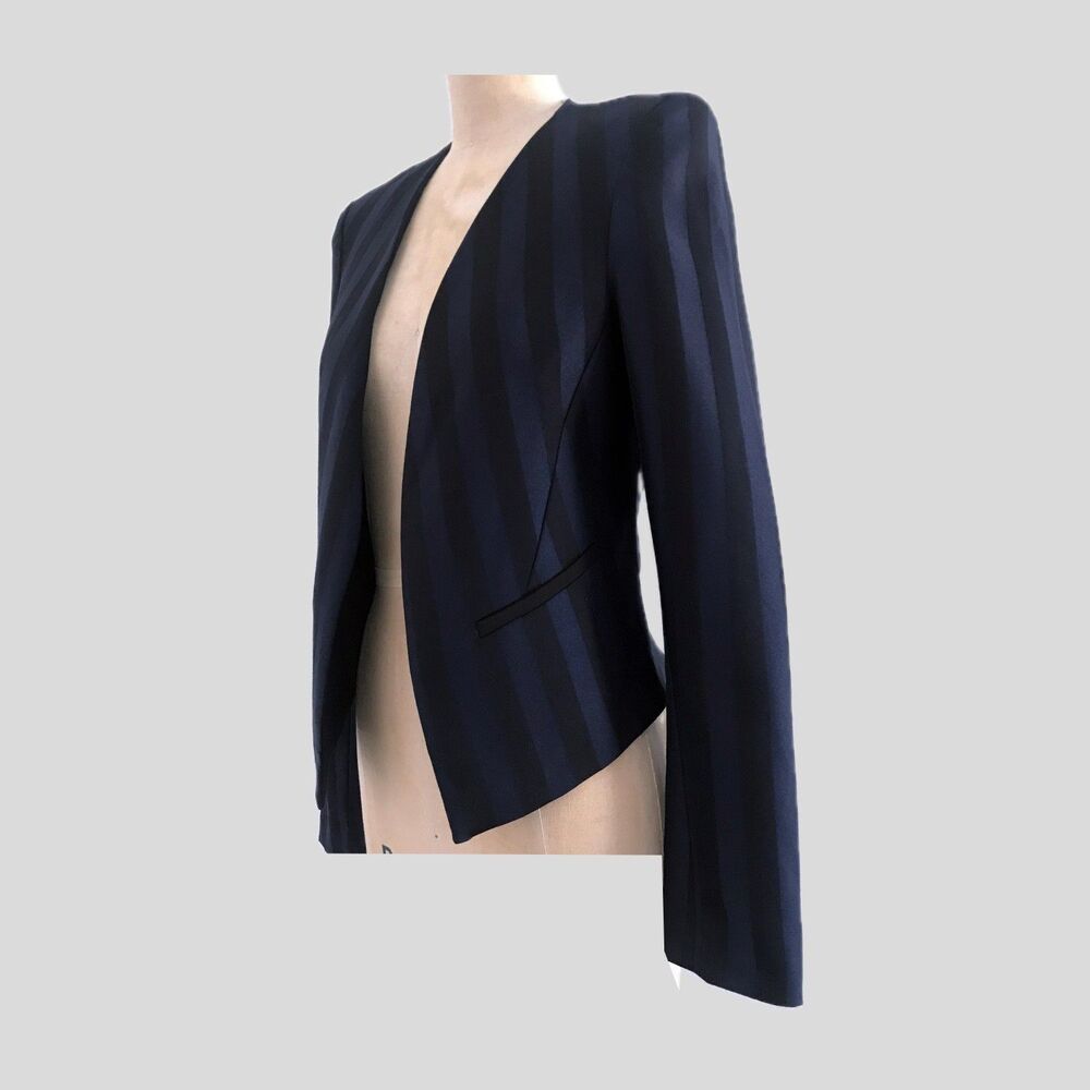 Bobbi Black Navy Black Striped Fitted Blazer Jacket Womens Size XS